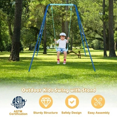 Costway Outdoor Kids Swing Set Heavy Duty Metal A-Frame w/ Ground Stakes 5 Costway Outdoor Kids Swing Set Heavy Duty Metal A-Frame w/ Ground Stakes - Image 3
