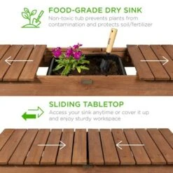 Best Choice Products Wood Garden Potting Bench Workstation Table w/ Sliding Tabletop, 4 Locking Wheels, Dry Sink - Brown