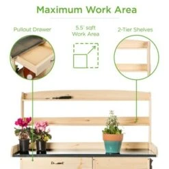 Best Choice Products Outdoor Garden Wooden Potting Bench Work Station w/ Metal Table Top, Cabinet - Natural