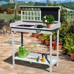 Outsunny 36.25" x 16.75" Raised Outdoor Wooden Potting Bench Table with Built-in Sink Shelf Storage & Ergonomic Design