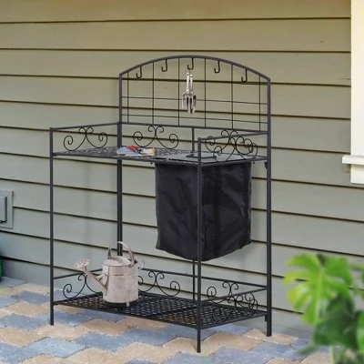 Outsunny Outdoor Folding Metal Potting Bench Work Table with Large Build-In Bag with Cover 5 Hanging Hooks & Shelf 3 Outsunny Outdoor Folding Metal Potting Bench Work Table with Large Build-In Bag with Cover 5 Hanging Hooks & Shelf