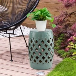 Outsunny 13" x 18" Ceramic Side Table Garden Stool with Knotted Ring Design & Glazed Strong Materials