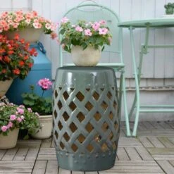 Outsunny 13" x 18" Ceramic Side Table Garden Stool with Knotted Ring Design & Glazed Strong Materials -Garden Haven Store unnamed file 1539