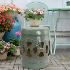 Outsunny 14" x 17" Ceramic Side Table Garden Stool with Knotted Ring Design & Glazed Strong Materials -Garden Haven Store unnamed file 1561