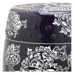 Midnight Flower Garden Patio Stool - Navy/White - Safavieh