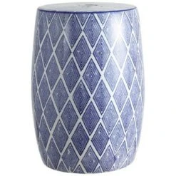 happimess Moroccan Diamonds 18" Ceramic Drum Garden Stool, Blue/White