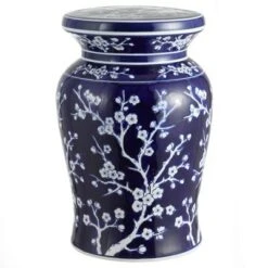 happimess Cherry Blossom 17.7" Ceramic Garden Stool, Navy/White