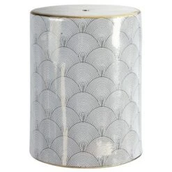 happimess Fish Scale 17" Modern Ceramic Garden Stool, White/Gold