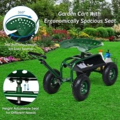 Costway Garden Cart Rolling Work Seat w/Tray Basket E xtendable Handle Green -Garden Haven Store unnamed file 234