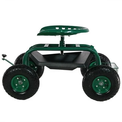 Sunnydaze Decor Sunnydaze Outdoor Lawn and Garden Heavy-Duty Steel Rolling Gardening Cart with Adjustable Height Swivel Chair, Tool Tray, and Basket - Green 11 Sunnydaze Decor Sunnydaze Outdoor Lawn and Garden Heavy-Duty Steel Rolling Gardening Cart with Adjustable Height Swivel Chair, Tool Tray, and Basket - Green - Image 9