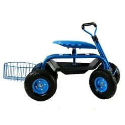 Sunnydaze Decor Sunnydaze Outdoor Lawn and Garden Heavy-Duty Steel Rolling Gardening Cart with Extendable Steer Handle, Swivel Chair, Tool Tray, and Basket - Blue -Garden Haven Store unnamed file 849