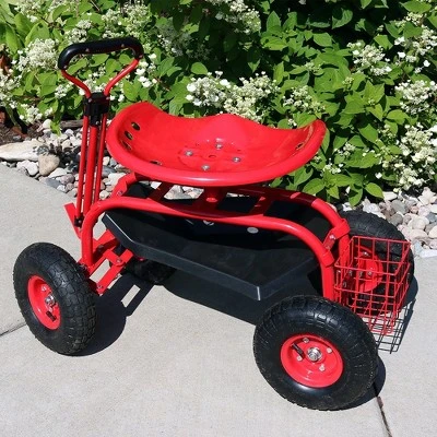 Sunnydaze Decor Sunnydaze Outdoor Lawn and Garden Heavy-Duty Steel Rolling Gardening Cart with Extendable Steer Handle, Swivel Chair, Tool Tray, and Basket - Red 3 Sunnydaze Decor Sunnydaze Outdoor Lawn and Garden Heavy-Duty Steel Rolling Gardening Cart with Extendable Steer Handle, Swivel Chair, Tool Tray, and Basket - Red